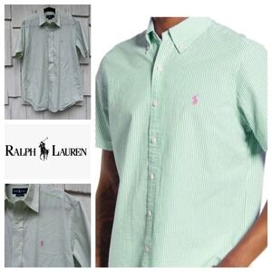 Ralph Lauren Men's Classic Fit Seersucker Short Sleeve Button Down Shirt Green M